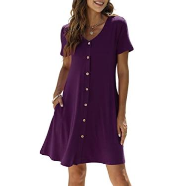 Imagem de Manydress Vestido feminino casual de verão manga curta com botões e bolsos MY035, Roxo escuro, P