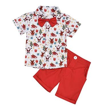 Imagem de Roupas de Natal infantil bebê menino Papai Noel estampa de cervo camiseta de manga curta gravata borboleta vermelha 7t meninos (branco, 12-18 meses)