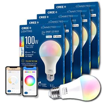 Imagem de Cree Lighting Lâmpada LED inteligente Connected Max A21 100W branca ajustável + mudança de cor, 2,4 Ghz, compatível com Alexa e Google Home, sem necessidade de hub, Bluetooth + Wifi, 5 peças