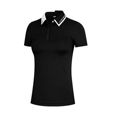 Imagem de Polo de golfe respirável verão mulheres secagem rápida tênis camiseta casual esporte manga curta top elástico lapela jersey, preto, P (peito: 84 cm)