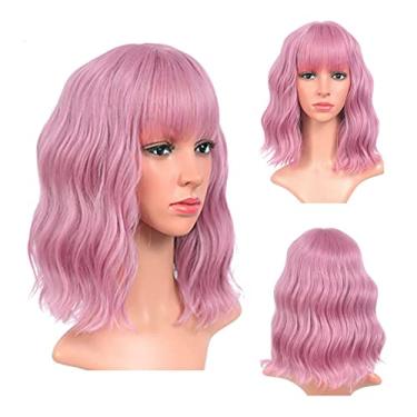 Imagem de Perucas sintéticas rosa para mulheres, fibra resistente ao calor, peruca curta ondulada, com franja para festa diária de cosplay (rosa)