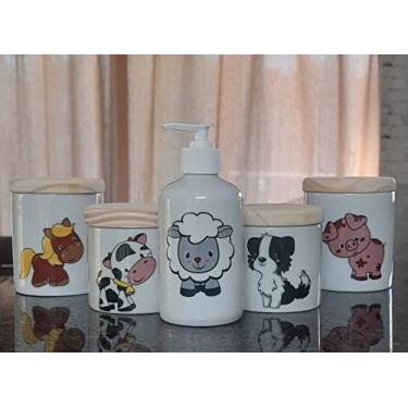 Imagem de Kit higiene bebê Fazendinha 5 peças - potes e porta álcool - Peças Porcelana Tampas Pinus