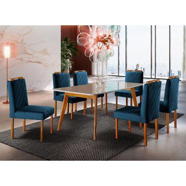 Imagem de Conjunto Sala de Jantar 6 Lugares Mesa Slim e Cadeiras Veludo Azul Marinho