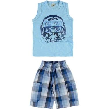 Imagem de Conjunto Infantil Malwee Camiseta Regata e Bermuda - Em Flamê e Sarja 100% Algodão - Azul