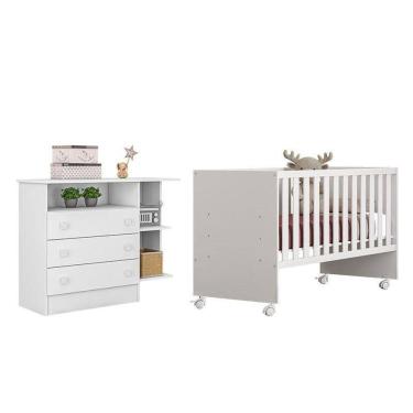 Imagem de Jogo de Quarto Infantil Doce Sonho Cômoda 3 Gavetas e Berço Reto com Rodízios - Qmovi