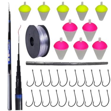 Imagem de Kit Vara de Pesca Telescópica Lisa Gomo Curto em Fibra de Vidro com Capa Protetora de Mão Retrátil Caniço Com Anzol Chumbada Filete Boia Lambari e Linha 0,20mm (Azul, 3,6M)