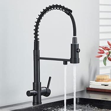 Imagem de Torneira de cozinha de água potável Torneira de pia de cozinha preta Torneira de cozinha de latão com torneira de filtro 360 ° giratório misturador de pia modo duplo, preto fosco