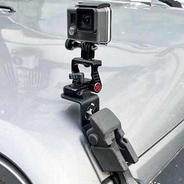 Imagem de RERPRO Suporte para câmera de ação GoPro para Jeep Wrangler JK Unlimited 2007-2018, 2 portas, 4 portas, acessórios para capô, montagem com trava ajustável de 360°, alumínio preto com suporte de trilho vermelho estrela