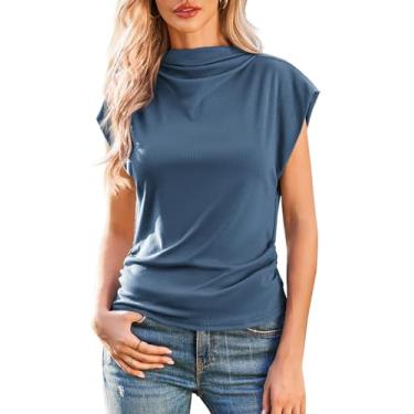 Imagem de Tankaneo Camisetas femininas de manga curta canelada com manga curta franzida lateral casual, Azul escuro, M