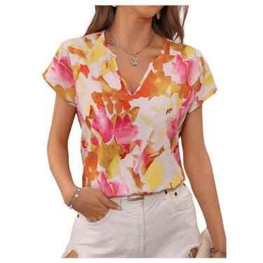 Imagem de SOLY HUX Blusa feminina de verão com gola V entalhada e manga curta, Floral multicolorido, P