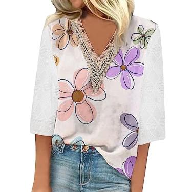 Imagem de Camisetas femininas de verão manga 3/4 com decote em V floral 2024, camisetas femininas casuais com acabamento em renda, blusas femininas elegantes e casuais, Multicolorido 16, XXG