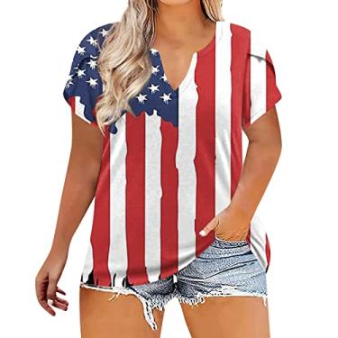 Imagem de Camiseta feminina de verão do Dia da Independência, blusas estampadas com bandeira dos EUA, 4 de julho, túnica plus size, Vermelho, 4G