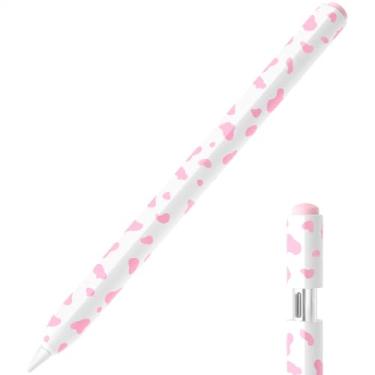 Imagem de JOOSKO Estojo de lápis com estampa de vaca para Apple Pencil (USB-C), aderência confortável, capa lateral fina de silicone, suporta fixação magnética. (rosa)