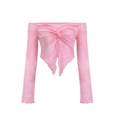 Imagem de GORGLITTER Camiseta feminina floral fora do ombro manga longa frente torcida bainha com babados, rosa, M