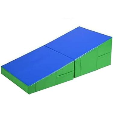 Imagem de Esteira inclinada de ginástica - Esteiras caindo - Esteira dobrável de cunha de queijo para ginástica - Esteira de rampa de ginástica esportiva infantil, azul, 180X90X40CM
