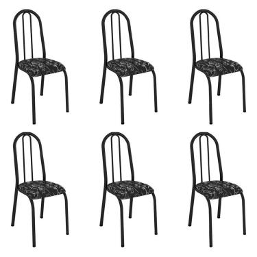 Imagem de Kit 6 Cadeiras De Cozinha Flórida Estampado Preto Florido Pés De Ferro Preto