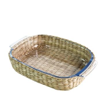 Imagem de Travessa retangular em vidro e revestimento em rattan Dynasty Vimini 34,4cm
