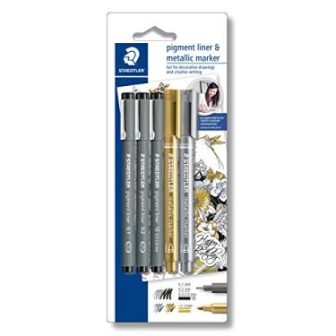 Imagem de Kit Fineliner, Staedtler, Fineliner Pigment Liner 3un & Marcador Metalico 2un, 308 SBK3P305