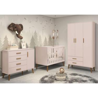 Imagem de Jogo de Quarto Retrô para Bebê Completo 3 Portas Isis Rosa Fosco - Mov