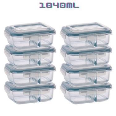Imagem de Kit 8 Potes de Vidro com Divisória Marmita 4 Travas 1040ml - PRATICASA