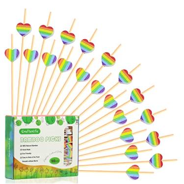 Imagem de 100 peças de palitos de coquetel de bambu natural, palitos de alimentos, palitos de frutas, espetos de aperitivo de sanduíche para aniversário, casamento, decoração de festa de Dia dos Namorados (coração fofo colorido)