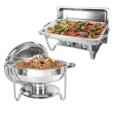 Imagem de IMACONE Conjunto de Buffet de Prato de Atrito com 2 Pacotes, Retângulo de 8 Qt e Forra Redonda de Aço Inoxidável de 5Qt para Catering, Forros e Conjuntos de Aquecedores de Buffet com Panela de Comida