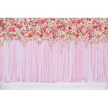 Imagem de Painel de Lona Cortina Rosa e Flores - Fabrika de Festa, 100x070cm