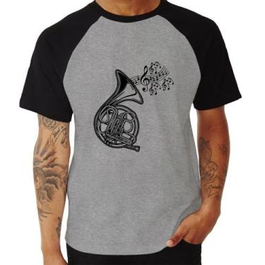 Imagem de Camiseta Raglan Trompa Notas Musicais - Foca na Moda, Cinza, Preto, G