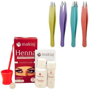Imagem de Henna Makiaj Sobrancelha Escolha a cor + 4 Pinças Chanfrada Fina Reta 