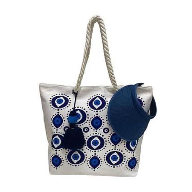 Imagem de Kit Bolsa de Praia Olho Grego e Viseira Feminina Verão Piscina Premium