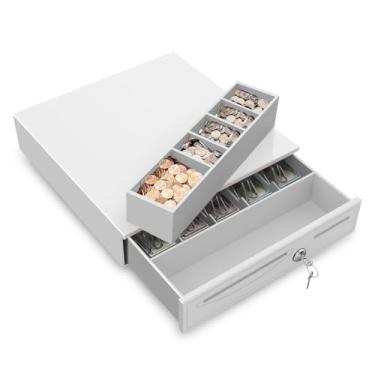 Imagem de Flexzion Gaveta de dinheiro para pequenas empresas - caixa registradora de metal cinza, 40,6 cm com conexão eletrônica RJ-11 ponto de venda (POS), 5 compartimentos para moedas e 5 notas - compatível