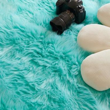 Imagem de Tapete macio e fofo para quarto, tapetes de pele, tapetes de cabeceira peludos para quarto de crianças, almofadas de sofá de pele de carneiro, tapete peludo para sala de estar, azul claro, 60x180 cm