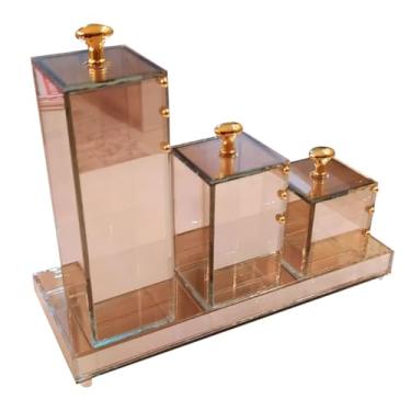 Imagem de Kit Lavabo Com Bandeja Vidro Luxo Trio Organizador Banheiro (Refleta dourado)