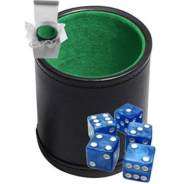 Imagem de Set of 16mm Marbleized Squared Corners Dice and Black PU Leather Dice Cup Plush Velvet Lined - Gift Boxed (Blue Dice, Black/Green Cup)