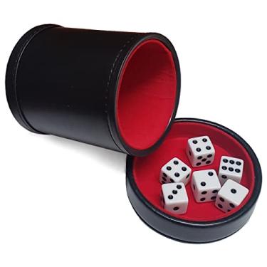 Imagem de Black PU Leather Dice Cup, Red Premium Felt Lining with Removable Matching Lid Cover Tray, Plus (6) 16mm D6 White Dice Squared Corners