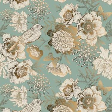 Imagem de VEELIKE Papel de parede floral dourado luxuoso para descascar e colar papel de parede de pássaro vintage turquesa claro pré-colado mural de parede floral removível 48 cm x 354 cm papel de contato