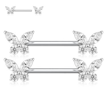 Imagem de FUNLMO 1 par de joias de titânio para piercing de mamilo, cubo de borboleta, zircão, barra de mamilo, roscada, internamente, barras de mamilo, ponte, piercing de joias, Titânio, Zircônia cúbica