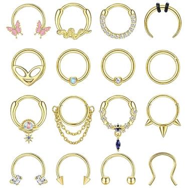 Imagem de LOYALLOOK 16 peças 16G anéis de septo argola para mulheres homens pingente de aço cirúrgico joia septo clicker ferradura nariz anéis argola segmento articulado daith hélice tragus cartilagem brincos piercing, Aço inoxidável, Zircônia cúbica
