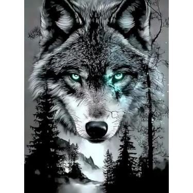 Imagem de F-CANLAN Kit de pintura de diamante redondo completo 5D lobo arte diamante árvore lobo diamante kits de pintura animal diamante com pedra preciosa para decoração de quarto adulto iniciante (30,5 x