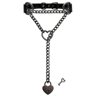 Imagem de EverGlimp Colar gargantilha preta feita à mão para mulheres, colar longo punk gótico de coração, fivela ajustável e cadeado de coração com chave, Couro sintético