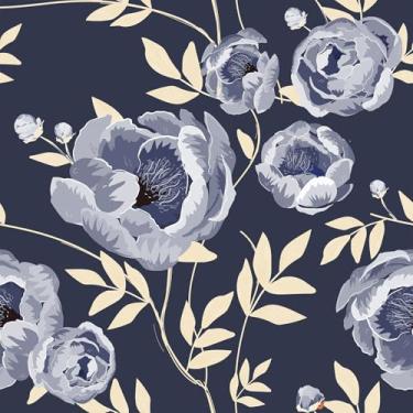 Imagem de VaryFloral Papel de parede floral azul marinho descasque e cole papel de parede botânico removível para quarto, sala de estar, papel de contato floral decorativo para armários domésticos, autoadesivo