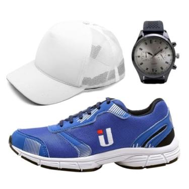 Imagem de Tênis Masculino Esportivo Academia Caminhada Acompanha Brindes Boné e Relógio (Azul, BR, Adulto, Numérico, 43)