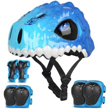 Imagem de Bavilk Capacete De Bicicleta Para Criança, Capacete Infantil Dinossauro 3D Para Meninos E Meninas, Joelheiras Ajustáveis, Cotoveleiras, Conjunto De Equipamentos De Proteção Para Ciclismo, Scooter, S