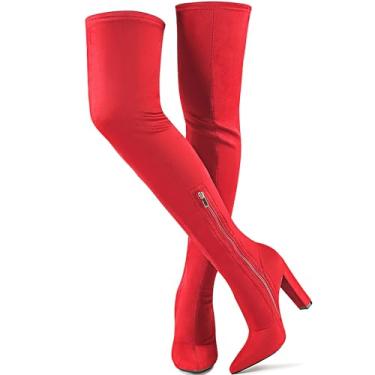 Imagem de WSKEISP Botas Vermelhas De Camurça Elástica Até O Joelho, Botas De Cano Alto Femininas Acima Do Joelho, Salto Grosso De 4,13 Pol.