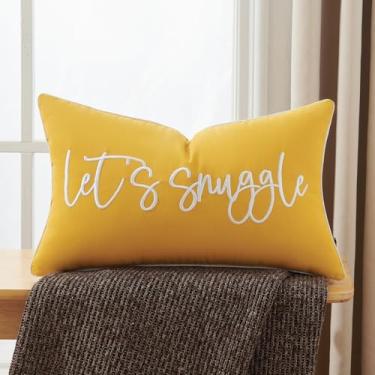 Imagem de Sunkifover Let's Snuggle Capa decorativa para almofada lombar - Fronha bordada de algodão amarelo e branco de 30 x 50 cm para cama, quarto, sala de estar, decoração de casa