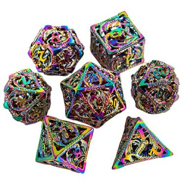 Imagem de Dice Set Metal DND Unique Dragon Dice Dungeons and Dragons Dice Set Gifts Hollow Polyhedral 7CPS Role Playing Dice Set with Gift Box Suitable for D&D Table Play Cards Games PRG MTG(Dragon_Colorful)