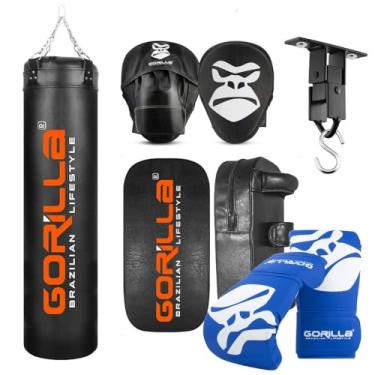 Imagem de Kit Saco De Pancada PRO 180 + Luva PRO + Manopla De Foco + Aparador + Suporte Articulado Gorilla (Azul)