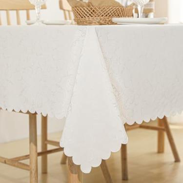 Imagem de Qubjus Toalha de mesa retangular jacquard de alta peso, à prova d'água, à prova de óleo, com capa de mesa de renda, para mesa de jantar, 152 x 213 cm, branca