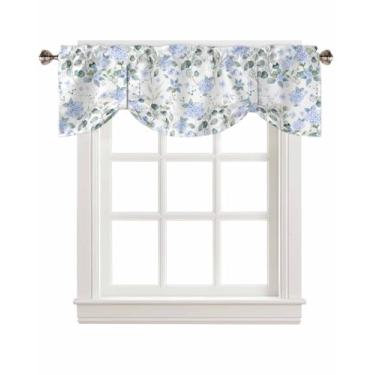 Imagem de Cortinas florais de amarrar azul hortênsia flor folha de cozinha sanefa para janela sala de estar 137 x 45 cm filtro de luz ajustável para amarrar sombra bolso haste tratamento botânico janela 1