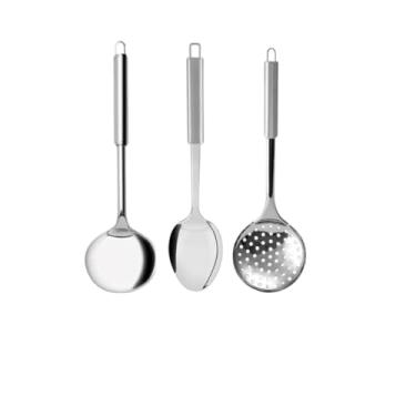 Imagem de Kit 6 Utensílios de Cozinha em Aço Inox Escumadeira Concha Colher Arroz Pegador Massa Garfo Trin (3 UN)